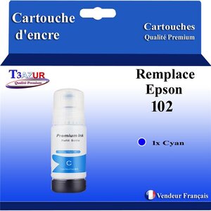 T3AZUR - Recharge compatible avec Epson EcoTank ET-15000  ET-2700  ET-2750  ET-2751  ET-2756  ET-2850  ET-2851  ET-2856  ET-3700  ET-3750  ET-3850  ET-4750  ET-4850  ET-4856  102 - Cyan
