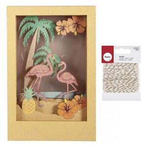 Cadre 3D en bois Flamant 20 x 30 x 6 7 cm + Ficelle dorée & blanche