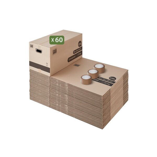 Pack and Move - Lot 60 cartons déménagement XL - 80 x 40 x 40 cm - Poignées renforcées - 3 adhésifs offerts