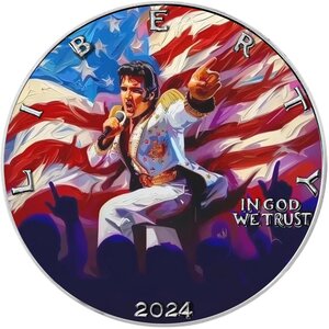 Pièce de monnaie en Argent 1 Dollar g 31.1 (1 oz) Millésime 2024 AmericArt ELVIS PRESLEY