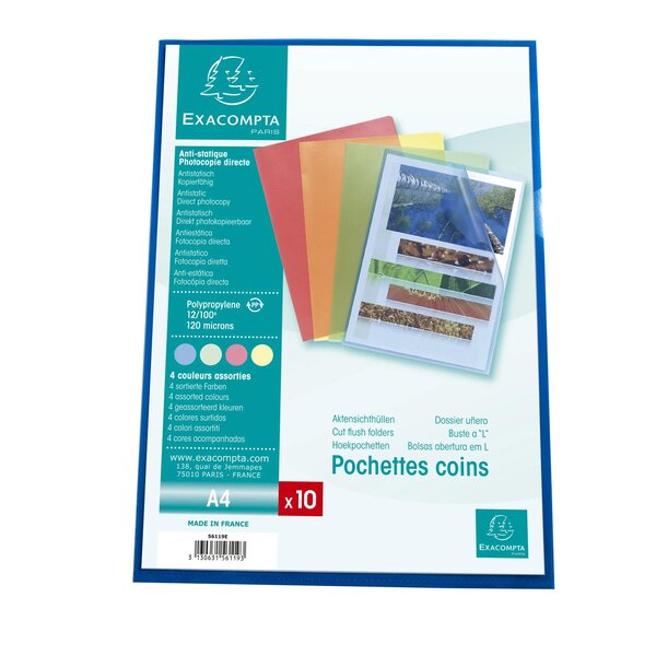 Sachet 10 Pochettes Coin Polypropylène Grainé 12/100e - A4 - Couleurs Assorties - X 10 - Exacompta