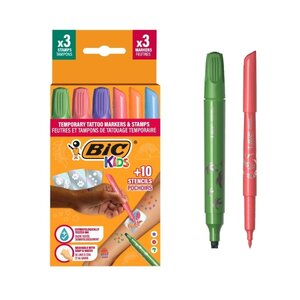 Pack de tatouages temporaires Bic Kids (3 tampons + 3 marqueurs + 10 pochoirs) - Encre testée dermatologiquement et sans parfum - Couleurs assorties