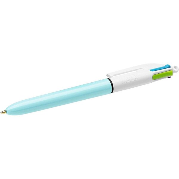 Stylo bille 4 Couleurs Fantaisie (rose  violet  vert et turquoise) Corps Bleu Ciel BIC