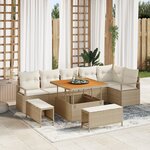 Ensemble de canapé de jardin 9 pièces avec coussins beige poly rattan acacia