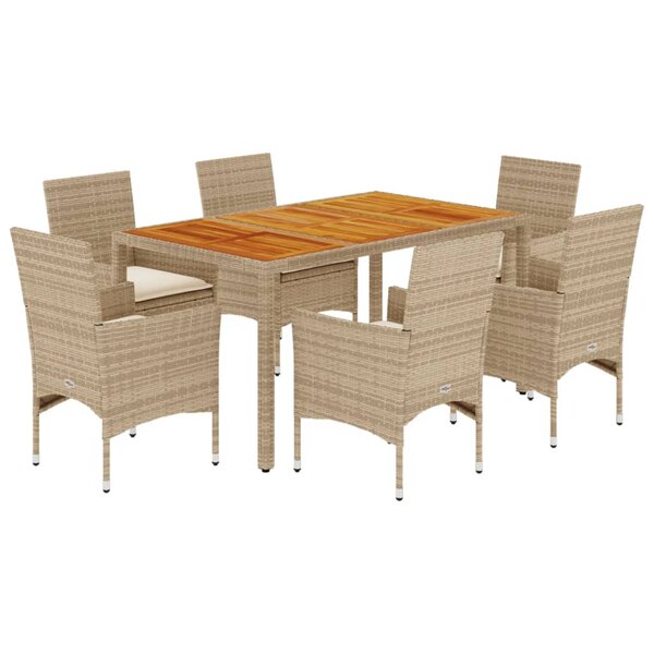 vidaXL Ensemble à manger de jardin et coussins 7Pièces beige rotin acacia