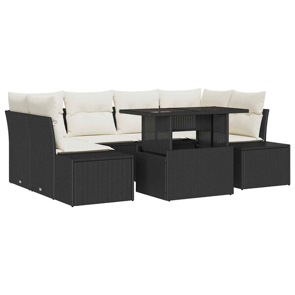 vidaXL Ensemble de canapé de jardin avec coussin 7 Pièces Noir et crème