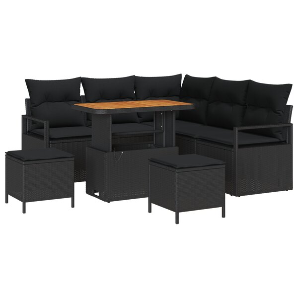 Canapé de Jardin 8 Pièces avec Coussins Noir Poly Rattan Acacia