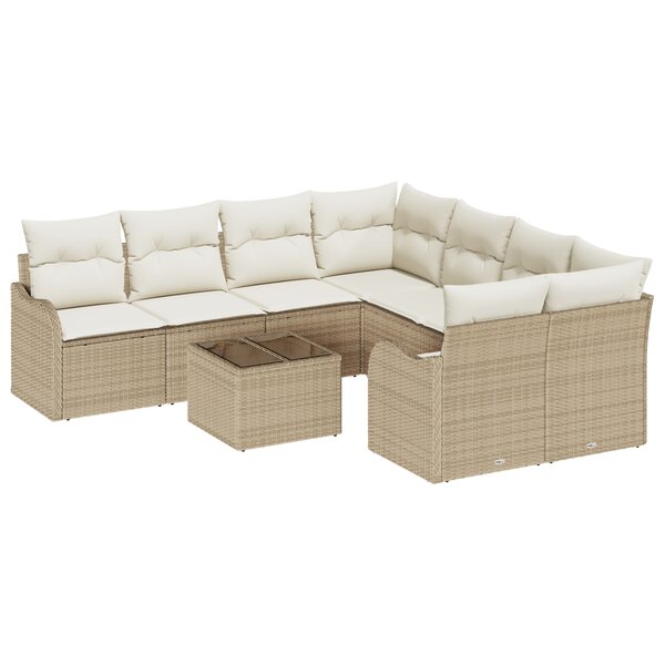 Ensemble de canapé de jardin 9 pièces avec coussins beige en poly rotin
