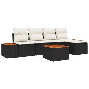 Ensemble de Canapés de Jardin 6 pièces avec coussins Noir Poly Rotin Acacia