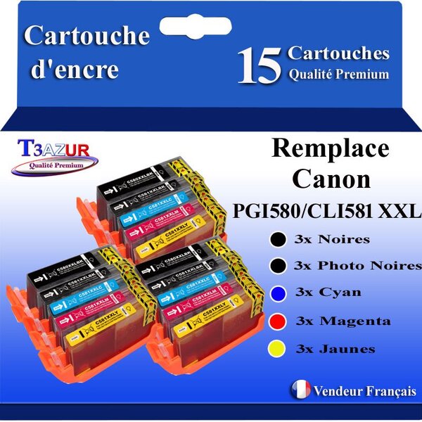 T3AZUR - 15x Cartouches compatibles avec Canon PGI-580 CLI-581 XXL pour Canon Pixma TR7500 TR7550 TR8500 TR8550 TS6100 TS6150 TS6151 TS6200