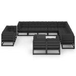 Salon de jardin meuble d'extérieur ensemble de mobilier 13 pièces avec coussins noir bois de pin massif 02_0015766