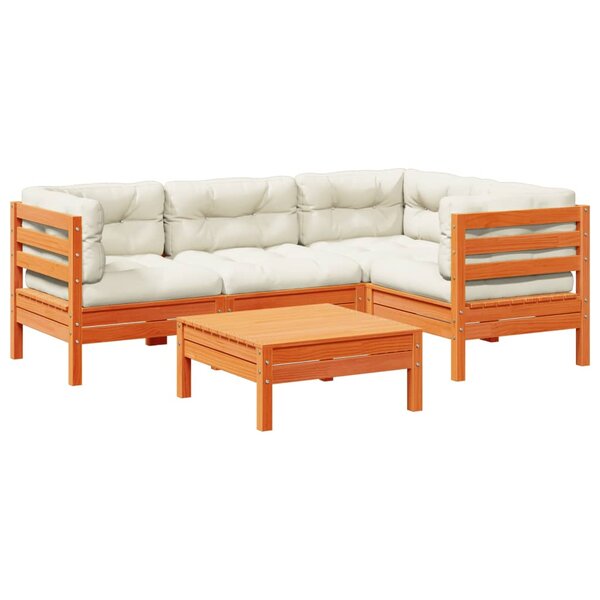 vidaXL Salon de jardin 5 Pièces avec coussins cire marron bois pin massif