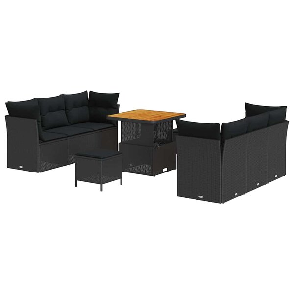 vidaXL Ensemble de canapés de jardin 9 pièces avec des coussins en poly rotin noir et en acacia.