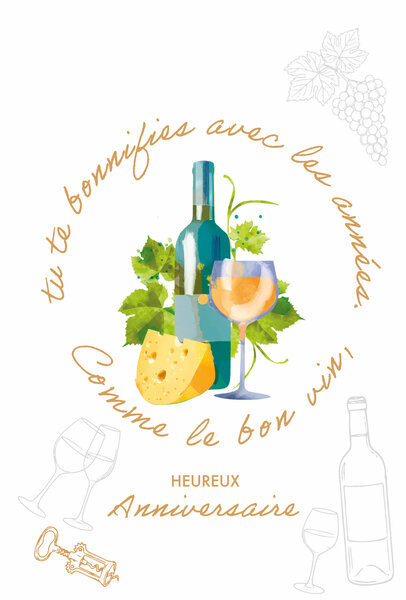 69-3134 Carte Anniversaire Vin pour Homme Femme Tu te bonifies avec les Années Peinture Aquarelle - Finitions Dorure Or Doré + Gaufrage en Relief +1 Enveloppe Format 12x17cm - Fabriqué en Europe