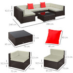 Ensemble salon de jardin 7 pièces modulables table basse plateau verre trempé coussins déhoussables inclus résine tressée imitation rotin brun foncé