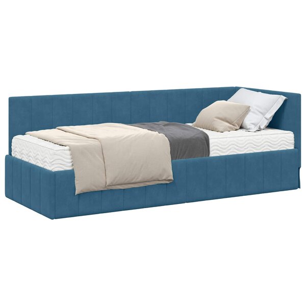 vidaXL Cadre de lit d'angle avec matelas 2 Pièces Bleu Velours