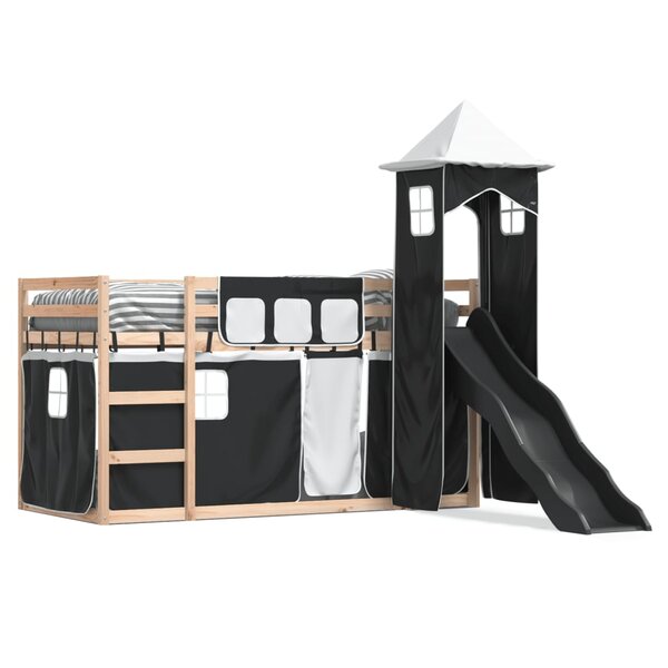 vidaXL Lit superposé avec toboggan et rideaux blanc et noir 80x200 cm