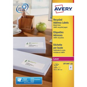 Etiquettes auto-adhésives d'adresses recyclées, faciles à décoller, 63 x 38,1 mm - 100 feuilles, 21 étiquettes par feuilles a4 - blanches (paquet 2100 unités)
