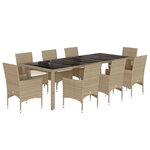 vidaXL Ensemble à manger de jardin et coussins 9 Pièces beige rotin verre