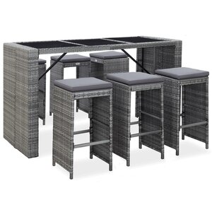 vidaXL Meuble de bar de jardin 7 Pièces et coussins Résine tressée Gris