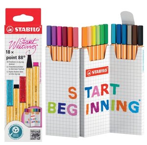 Stabilo Point 88 Pack de 18 marqueurs à pointe fibre - Taille du trait environ. 0 4 mm. - Encre à base d'eau - Couleurs assorties
