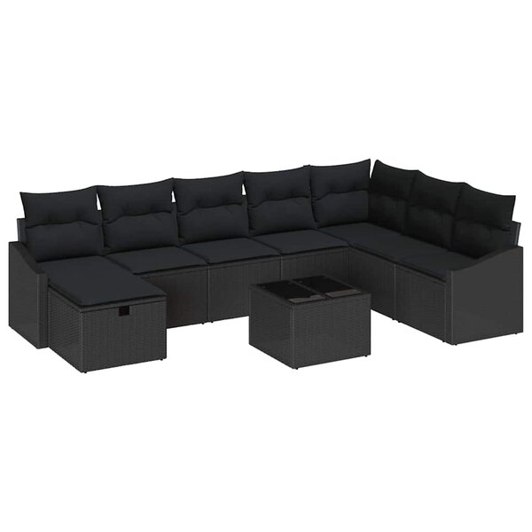 vidaXL Ensemble de canapé de jardin avec coussin 9 Pièces Noir Poly rotin