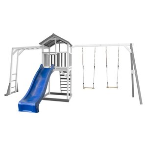 AXI Structure de jeu Beach Tower Gris Blanc avec cadre d'escalade et  2 balancoires et toboggan Bleu