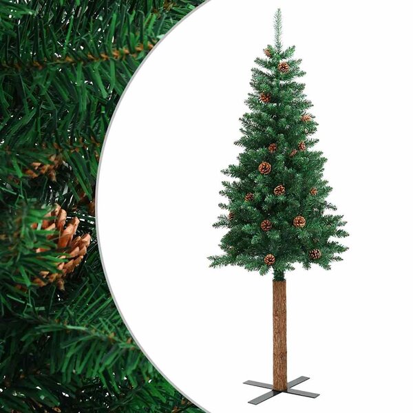 vidaXL Sapin de Noël mince avec bois véritable et cônes vert 180cm PVC