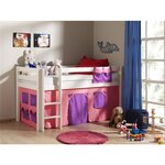PINO Lit sureleve en pin massif avec sommier Blanc + Rideau  de lit Bella