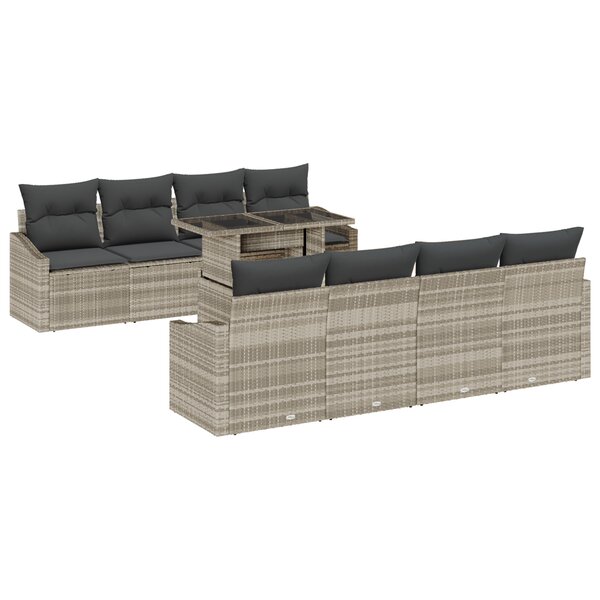vidaXL Ensemble de Canapé de Jardin 9 Pièces avec Coussins Gris Clair Rattan Poly