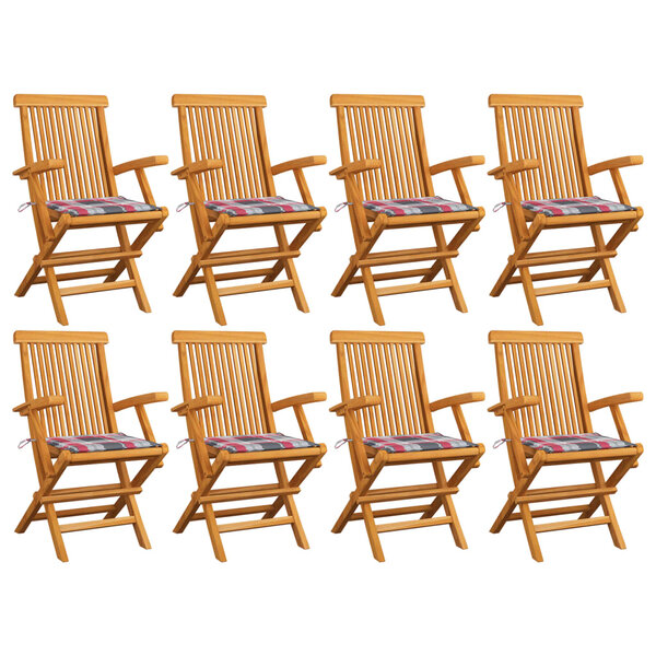 vidaXL Chaises de jardin et coussins à carreaux rouge lot de 8 Teck