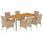 vidaXL Ensemble à manger de jardin et coussins 7Pièces beige rotin acacia