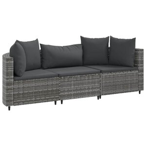 vidaXL Salon de jardin avec coussins 3 Pièces gris résine tressée
