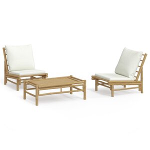 vidaXL Salon de jardin 3 Pièces avec coussins blanc crème bambou