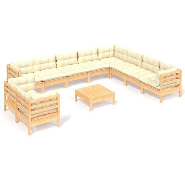 vidaXL Salon de jardin 11 Pièces avec coussins crème Bois de pin solide