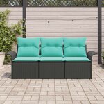 vidaXL Ensemble de canapé de jardin avec coussin 3 Pièces Noir Poly rotin