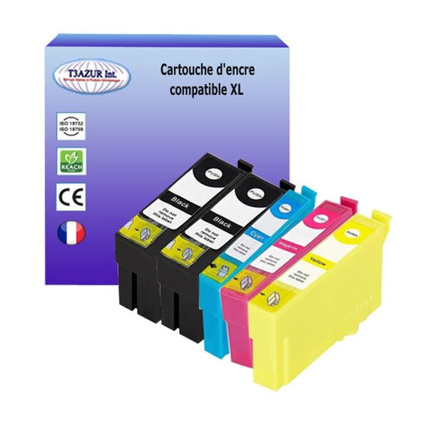T3AZUR- 5x Cartouches Compatibles avec Epson T3591 T3592 T3593 T3594 remplace Epson WorkForce Pro WF4720DWF WF4725DWF WF4730DTWF WF4735DTWF WF4740DTWF Noire