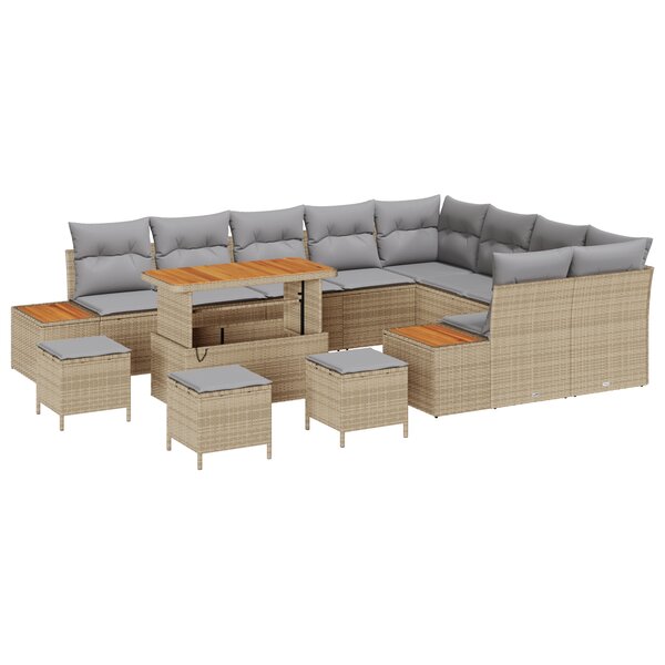 vidaXL Ensemble Canapés Jardin 13 Pièces avec Coussins Beige Rattan Poly Acacia