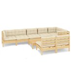Salon de jardin meuble d'extérieur ensemble de mobilier 9 pièces avec coussins crème bois de pin massif 02_0017972