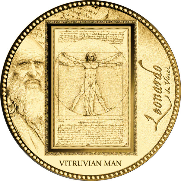 Monnaie VITRUVIAN MAN Da Vinci 1/200 Oz Or 5000 Francs Gabon