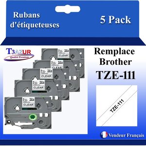5x Rubans d'étiqueteuses compatibles avec Brother Tze111  Tze-111 pour étiqueteuses P-touch - Texte noir sur fond transparent - Largeur 6 mm x 8 mètres - T3AZUR