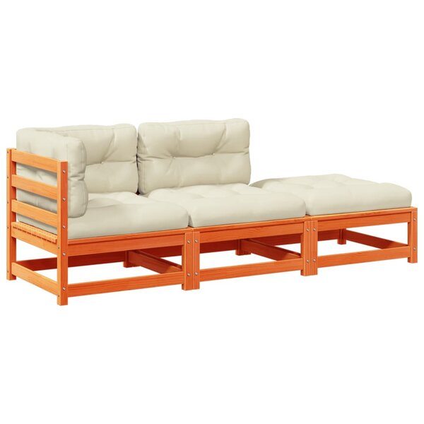 vidaXL Salon de jardin 3 Pièces avec coussins cire marron bois pin massif