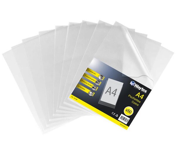 Pochettes Coins A4 Transparent grainé  90 mic  sachet 50 WAYTEX