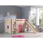PINO Lit Compact avec Toboggan Pin Massif Nature + Rideau de lit Spring