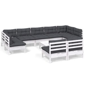 vidaXL Salon de jardin 10 Pièces avec coussins blanc bois de pin massif