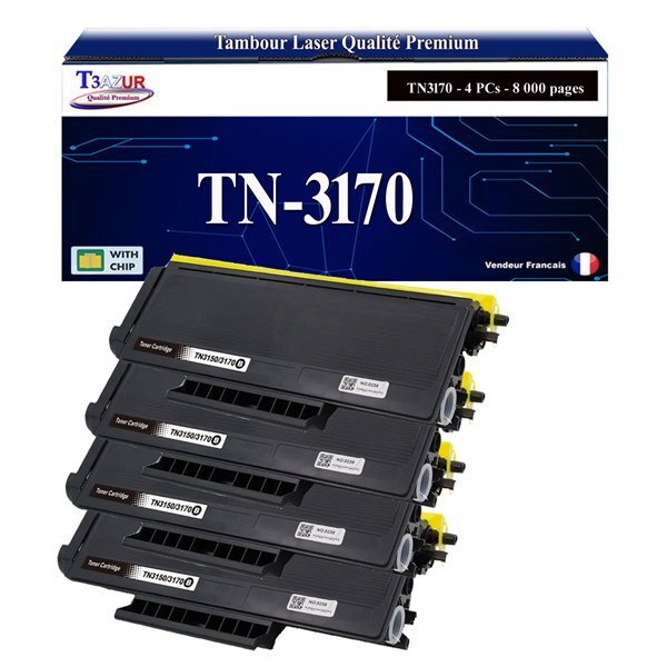 T3AZUR - 4x Toners compatibles avec Brother TN3170 pour Brother HL-5240  HL-5240L  HL-5250DN  HL-5270DN  HL-5280DW Noir - 8 000 pages