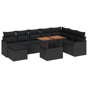 Ensemble de Canapés de Jardin 9 Pièces avec Coussins Noir en Rotin Poly Acacia