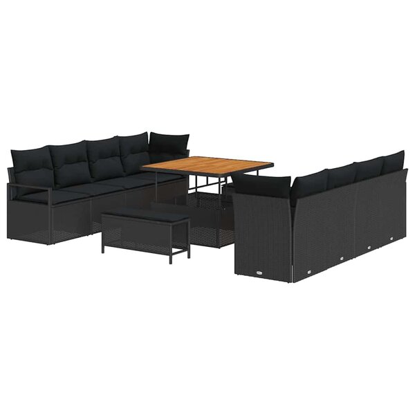 Set de Canapé de Jardin 11 Pièces avec Coussins Noirs en Poly Rattan Acacia