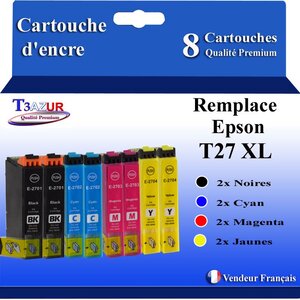 T3AZUR - 8x Cartouches Compatibles avec Epson WorkForce WF-7710DWF WF-7715DWF WF-7720DTWF remplace Epson T27XL