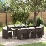 vidaXL Pack de salle à manger de jardin 9 pièces avec coussins - Poly Rattan marron